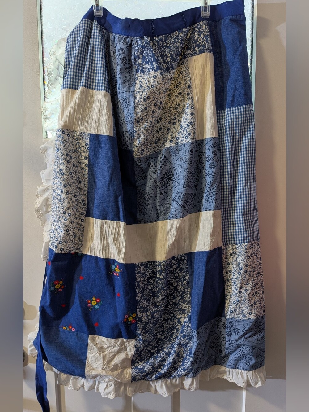 Vintage Handmade Blue Patchwork Quilted Bed Skirt with Floral and Gingham Panels